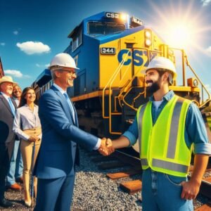 A vibrant scene at the side featuring a powerful CSX ES44AC locomotive at the front of a long freigh - Friends of the Railroads Stakeholders that include more than just the wants and wishes of shareholders.